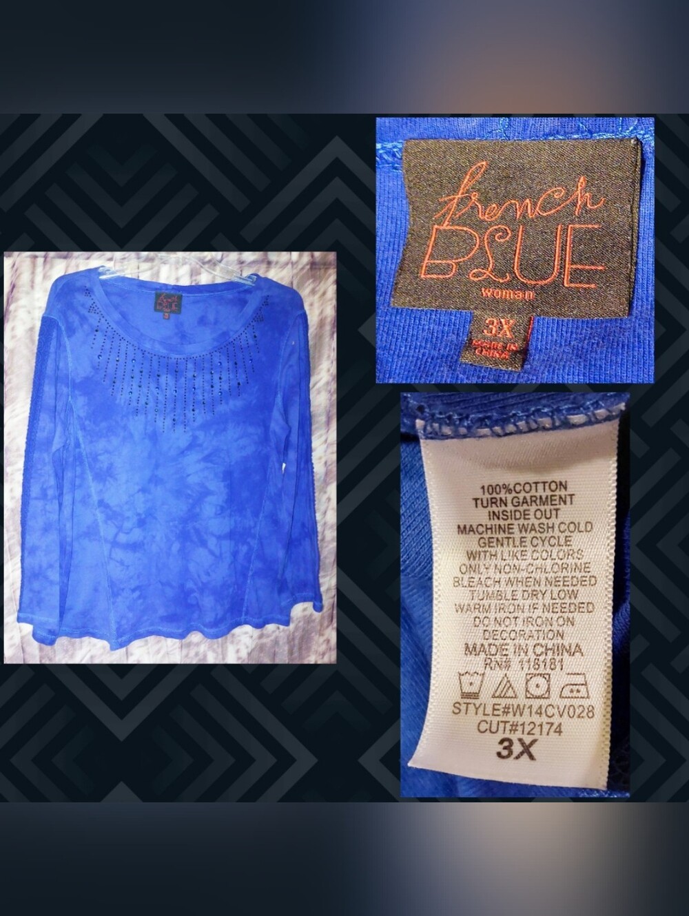 French Blue Medium/Dark Royal Blue Studded Tie Dye Soft Knit Top Sz 3X(22/24)